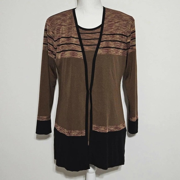 EXCLUSIVLEY MISOOK Twin Set Tank Top Sz S Knit Cardigan Sz XS Brown Stripe Fall - Picture 1 of 12